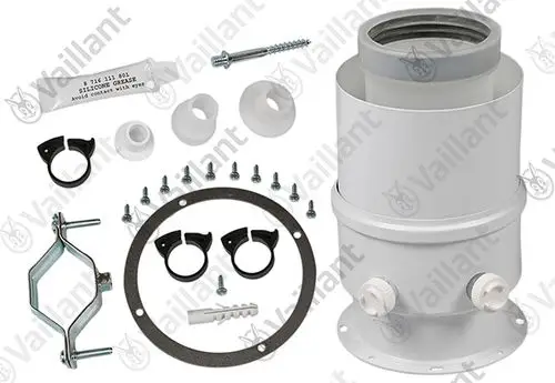 Vaillant Zubehörset mit verschiedenen Komponenten, darunter Rohre, Dichtungen, Halterungen und eine Tube Silikonfett für die Installation oder Wartung.